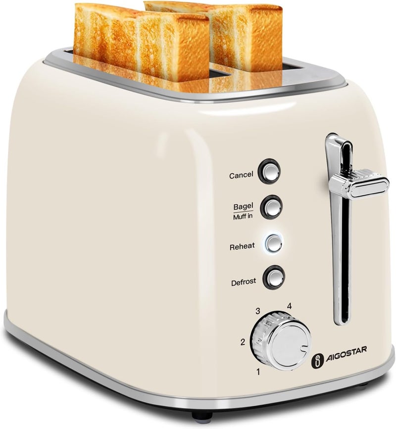 Aigostar Toaster 2 Slice, Retro Extra-Wide Slot Toasters Best Rated Prime for Toasting Bagels, Breads, Waffles & More, Cancel, Defrost & 6 Browning, Removable Crumb Tray, Stainless Steel, Cream White - Image 1
